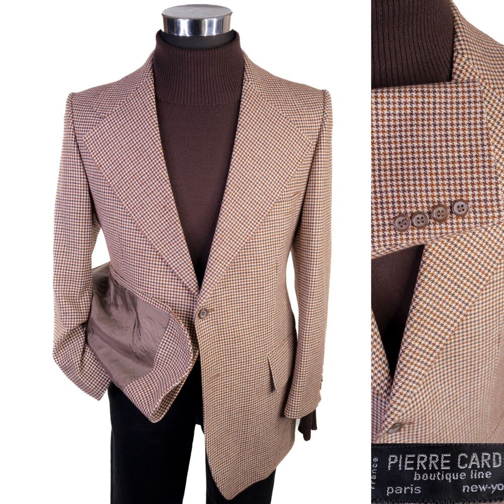 VTG Pierre Cardin Blazer Sport Coat Sz 40S Houndstooth Wide Lapel Made In France